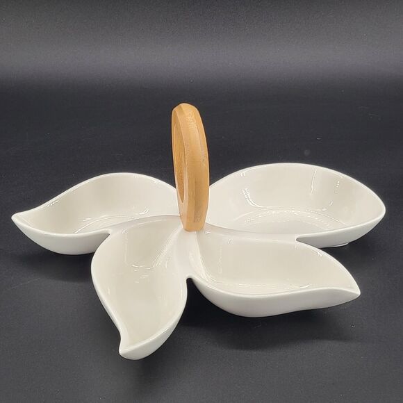 Brandani White Porcelain Four Compartment Serving Appetizer Dish Bamboo Handle - Picture 1 of 7
